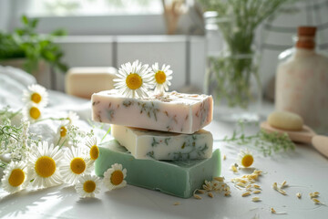 Handmade pastel chamomile soap in white sunny bathroom. Home made spa, skincare and cosmetology concept.