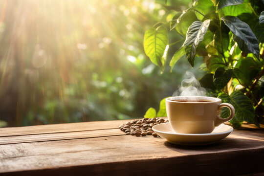 Steaming white cup of fresh coffee on a wooden table on tropical vegetation background. Sunny summer day at coffee plantation.