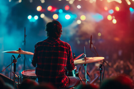 Back view of band drummer performing on stage. Silhouette of a man playing drums during live concert.