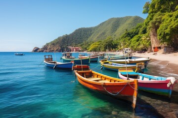 A traditional fishing village with colorful boats lined up along the shore