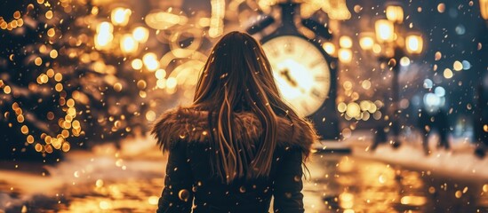 Woman next to clock, welcoming New Year