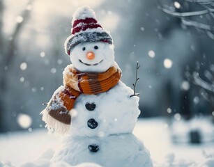 Snowman Standing in Snow with a Happycore Vibe, Dark White and Light Maroon Palette