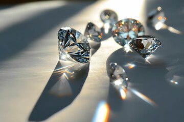 Radiant Diamonds - Glistening Gems Lying on White Surface with Sunrays Illumination