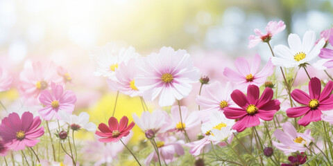 Beautiful colorful wild flowers blossoming in a garden on sunny spring day. Beauty in nature.