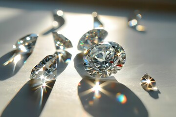 Radiant Diamonds - Glistening Gems Lying on White Surface with Sunrays Illumination