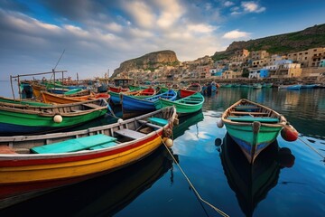 Fototapeta premium A traditional fishing village with colorful boats lined up along the shore