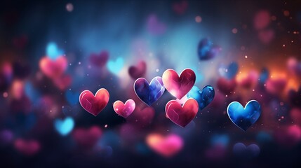 Hearts on blurred Background banner. Bokeh wallpaper. Love Concept.