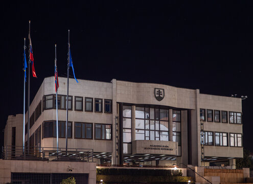 The main building of the National Council of the Slovak Republic is located on Castle Hill, right next to Bratislava Castle. Slovak Parliament building at night.