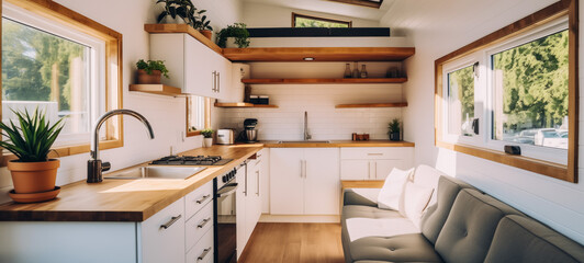 Sleek and modern tiny home interior with natural wood and white decor