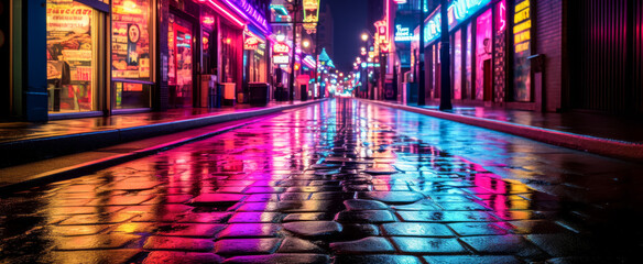 Neon-lit street reflecting on wet cobblestones at night