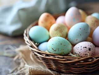 Fototapeta na wymiar Basket of pastel Easter eggs
