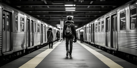 Lone commuter walking in a subway station platform