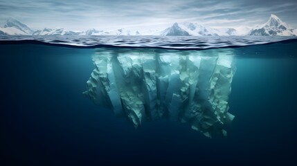 Amazing white iceberg floats in the ocean with a view underwater. Hidden Danger and Global Warming Concept. Tip of the iceberg. Half underwater. Greenland
