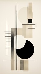 A black and white painting with lines and shapes