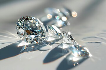Luminous Elegance - Beautiful Diamonds on White Surface, Metalworking Mastery, Sparkling Water Reflections - obrazy, fototapety, plakaty