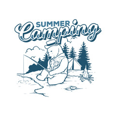 Bear fishing in the river near the tent in front of the pine trees Vector Illustration Logo Design