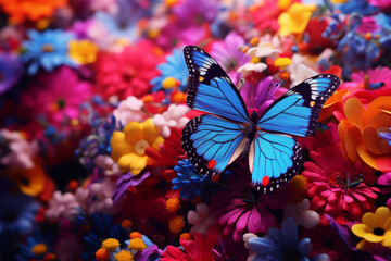 Brightly colored butterflies are clinging to flowers in search of nectar.