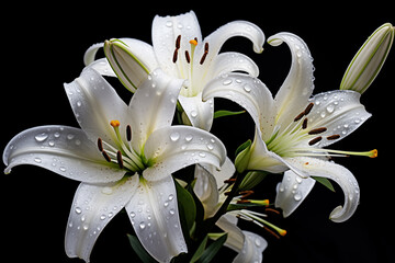 Bright white lilies with water droplets blooming on a black background.