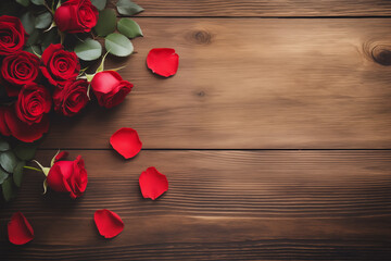 Background of wooden plank texture with a bouquet of roses placed on it.