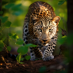 leopard sneaking through forest.
