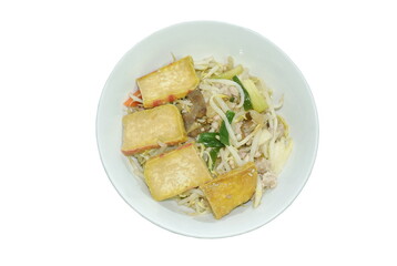 fried bean sprout with slice yellow tofu vegetarian food on bowl