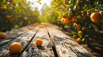 Citrus Harvest Hub - Wooden Table Amidst Lush Orange Grove, Artfully Blurred Imagery