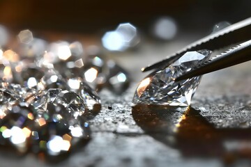 Blurry Details of Pliers Cutting a Large Diamond and Other Gems