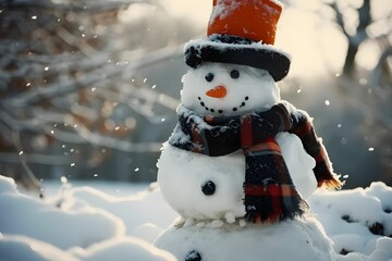 Snowman in Black Coat and Scarf, Light White and Dark Orange Palette