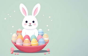 Illustration of a cute white Easter bunny sitting in a basket with painted Easter eggs on a light green background. Copy space