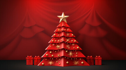 Red and gold festive christmas tree with golden star 