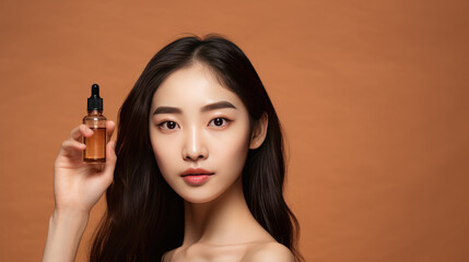 Close up young Asian woman with clean radiant skin holding a moisturizing serum on a beige background. Spa care, facial skin care, beauty cosmetology.