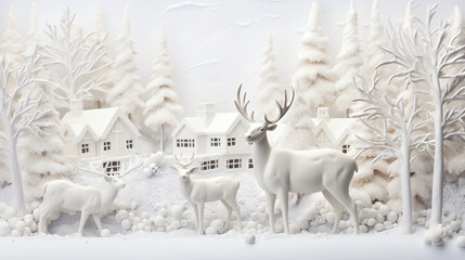 Snowy white winter wonderland with reindeers 
