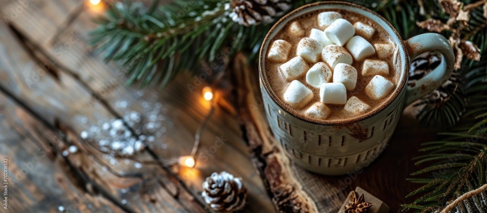 Sticker hot cocoa with marshmallows in a mug, alongside a christmas tree branch on wood.