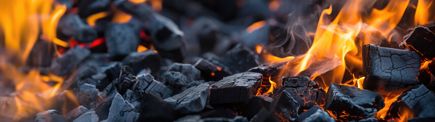 Burning firewood and coals of a fire close up. Background for grilled food with fire. - obrazy, fototapety, plakaty