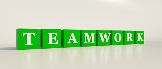Teamwork, single word. Green dices with white letters and the text, teamwork.  3D illustration