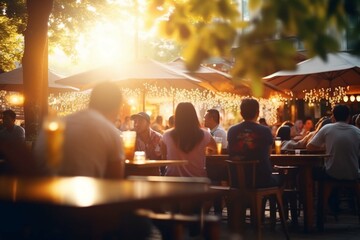 Bokeh background of Street Bar beer restaurant, outdoor in asia, People sit chill out and hang out...