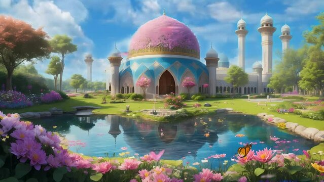 Beautiful mosque with summer panorama, seamless Animation video background in 4K Resolution
