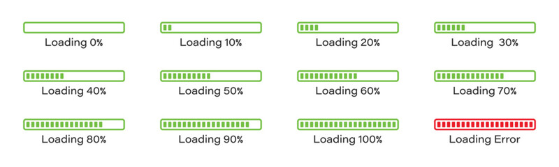 Percentage loading bar infographic icon set 0-100% in green colour. set of percentage loading bar  10%, 20%, 70, 90%, 100% in green color. Rectangle bar percent loading and process symbols collection.