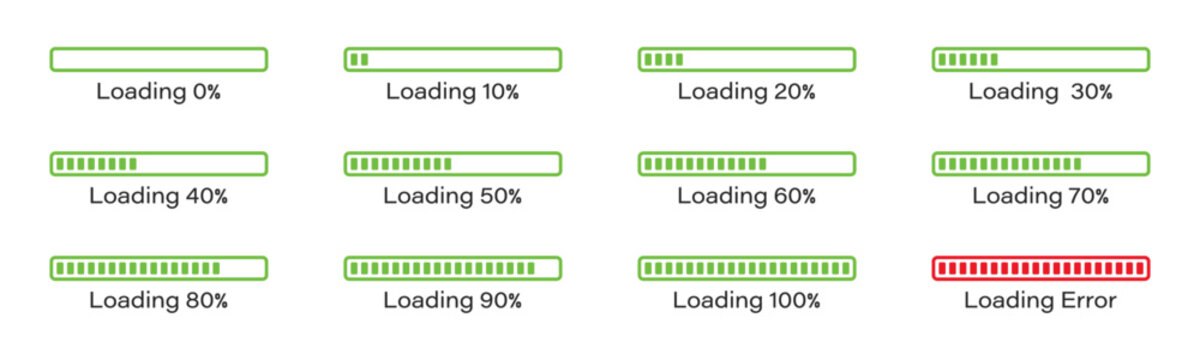 Percentage loading bar infographic icon set 0-100% in green colour. set of percentage loading bar  10%, 20%, 70, 90%, 100% in green color. Rectangle bar percent loading and process symbols collection.