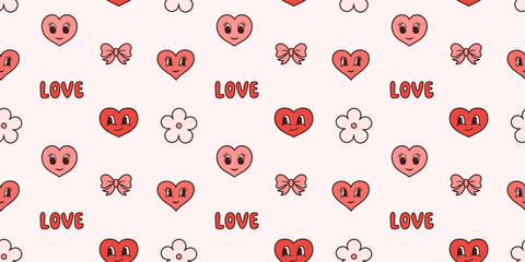 Valentine's day groovy seamless pattern. Trendy design with hand drawn heart characters. Holiday background, cover, wrapping paper.