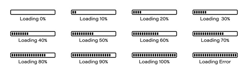 Percentage loading bar infographic icon set 0-100% in black colour. Rectangle bar percent loading and process symbols collection. Set of percentage loading bar  10%, 20%, 70, 90%, 100% in black color. - obrazy, fototapety, plakaty
