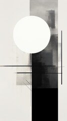 A black and white abstract painting with a white ball