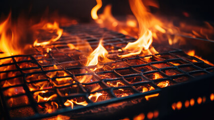 Empty flaming grill grates with open fire, ready for product placement. Background for grilled food with fire. - obrazy, fototapety, plakaty