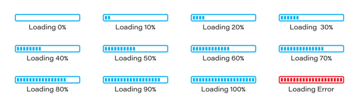 Percentage loading bar infographic icon set 0-100% in blue colour. set of percentage loading bar  10%, 20%, 70, 90%, 100% in blue color. Rectangle bar percent loading and process symbols collection.