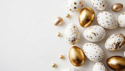 Beautiful easter background with painted golden decoration on easter eggs on white table. Top view and flat lay style. - obrazy, fototapety, plakaty