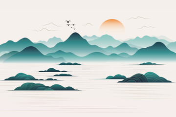 Minimalist lines new Chinese sunrise impression landscape vector illustration