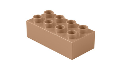 Light Taupe Plastic Lego Block Isolated on a White Background. Children Toy Brick, Perspective View. Close Up View of a Game Block for Constructors. 3d Rendering. 8K Ultra HD, 7680x4320, 300 dpi