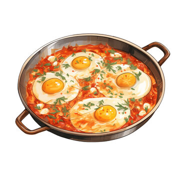 Shakshuka dish watercolor illustration png isolated on a transparent background, clipart 
 fried eggs in a pan with tomato sauce