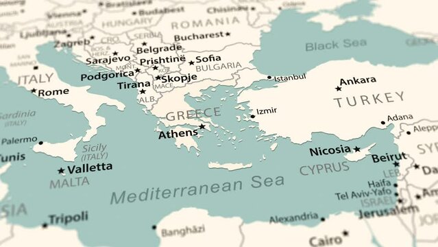 Greece on the world map. Smooth map rotation. 4K animation.