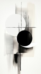 A black and white painting with circles and lines